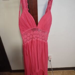 Elegant Pink Lace Trim Tropical Dress